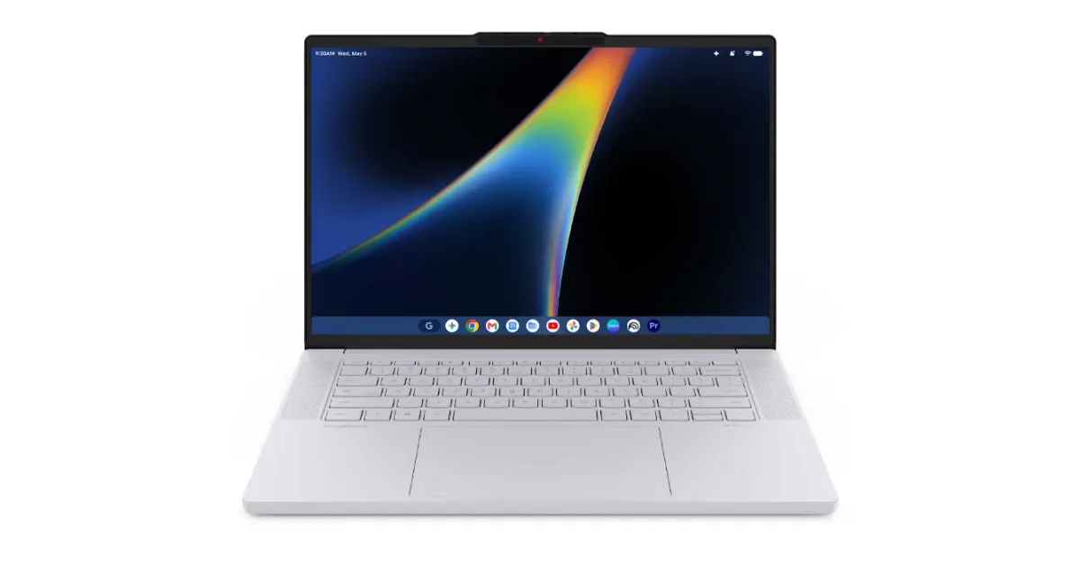 Vista detallada del chasis de aluminio y el teclado del nuevo portátil Lenovo Googlebook 15 que muestra las teclas especiales de Android y Gemini.